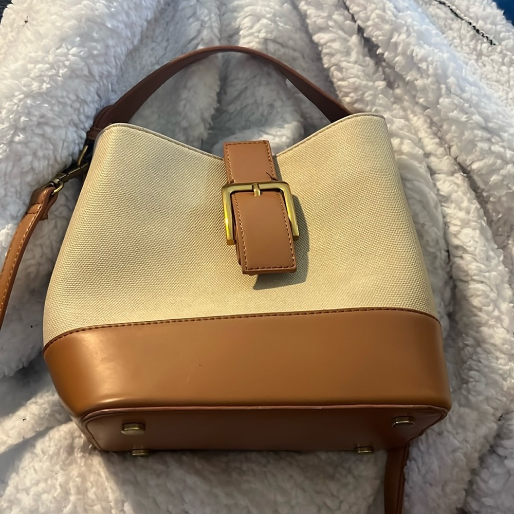 Rachel Zoe mini bucket handbag purse also Crossbody strap tan and cognac rock